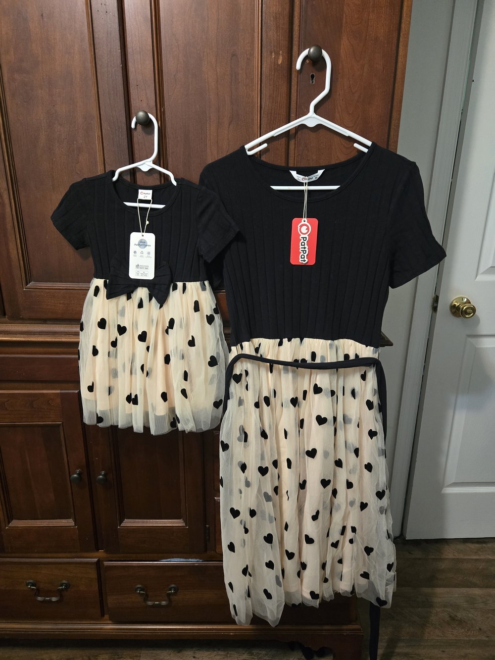 PatPat Black & Cream Heart Tulle Matching Dress Set
